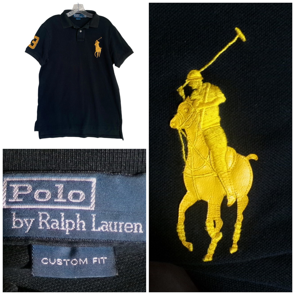 vtg Polo Ralph Lauren Polo Shirt XXL Rugby Custom fit Black Big Yellow Pony # 3